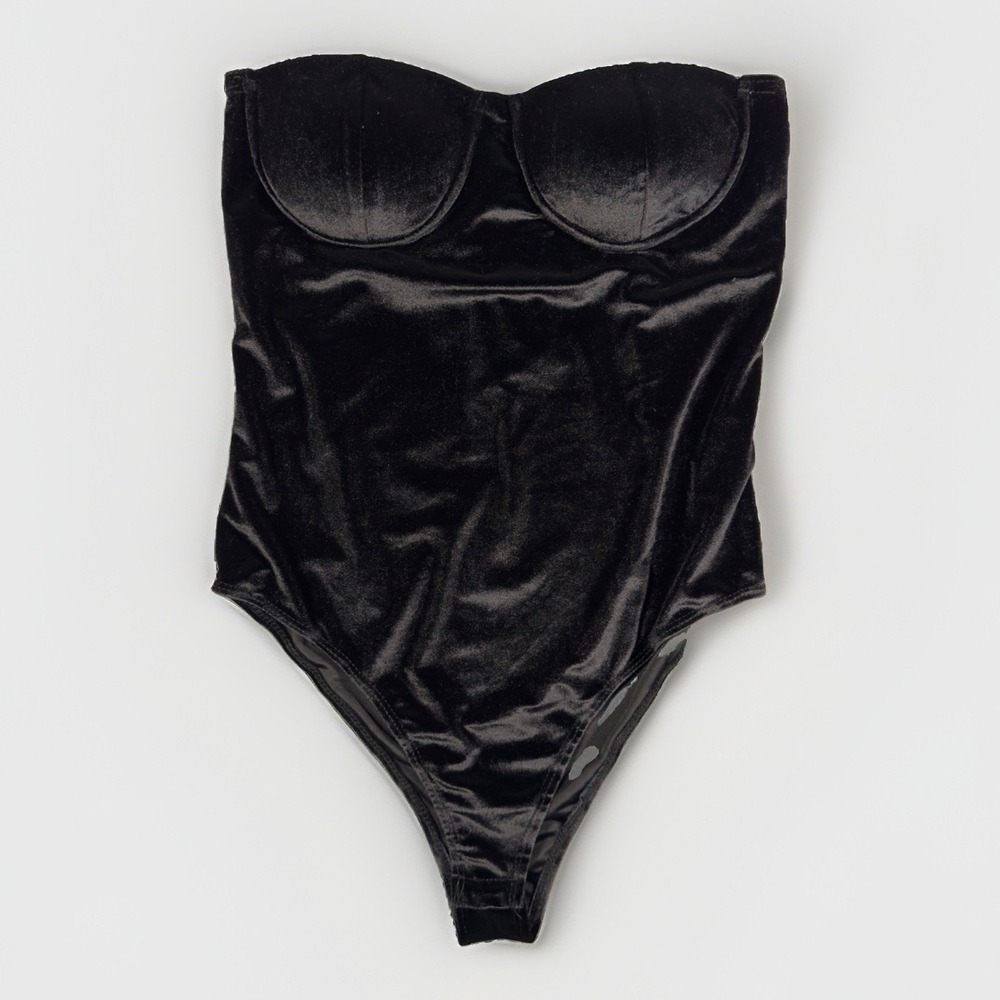 Haute Monde Womens L Black Velvet Strapless Bustier Bodysuit Thong